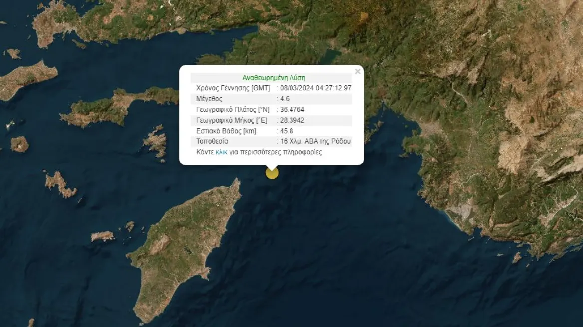 Σεισμός 4,6 Ρίχτερ στη Ρόδο